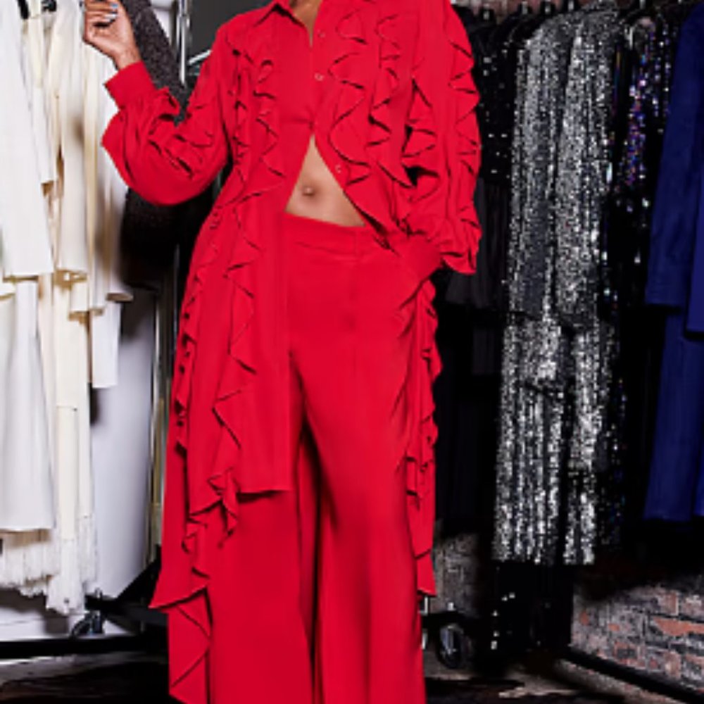 Camp Fire Red Multi Ruffle Front Shirt dress